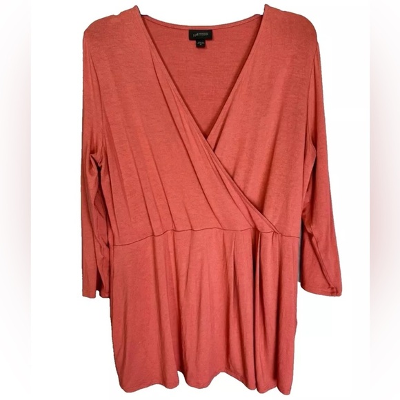 J Jill Tunic Shirt Womens Medium Pink Coral Wearever Collection Faux Wrap 3/4Slv - Picture 2 of 12